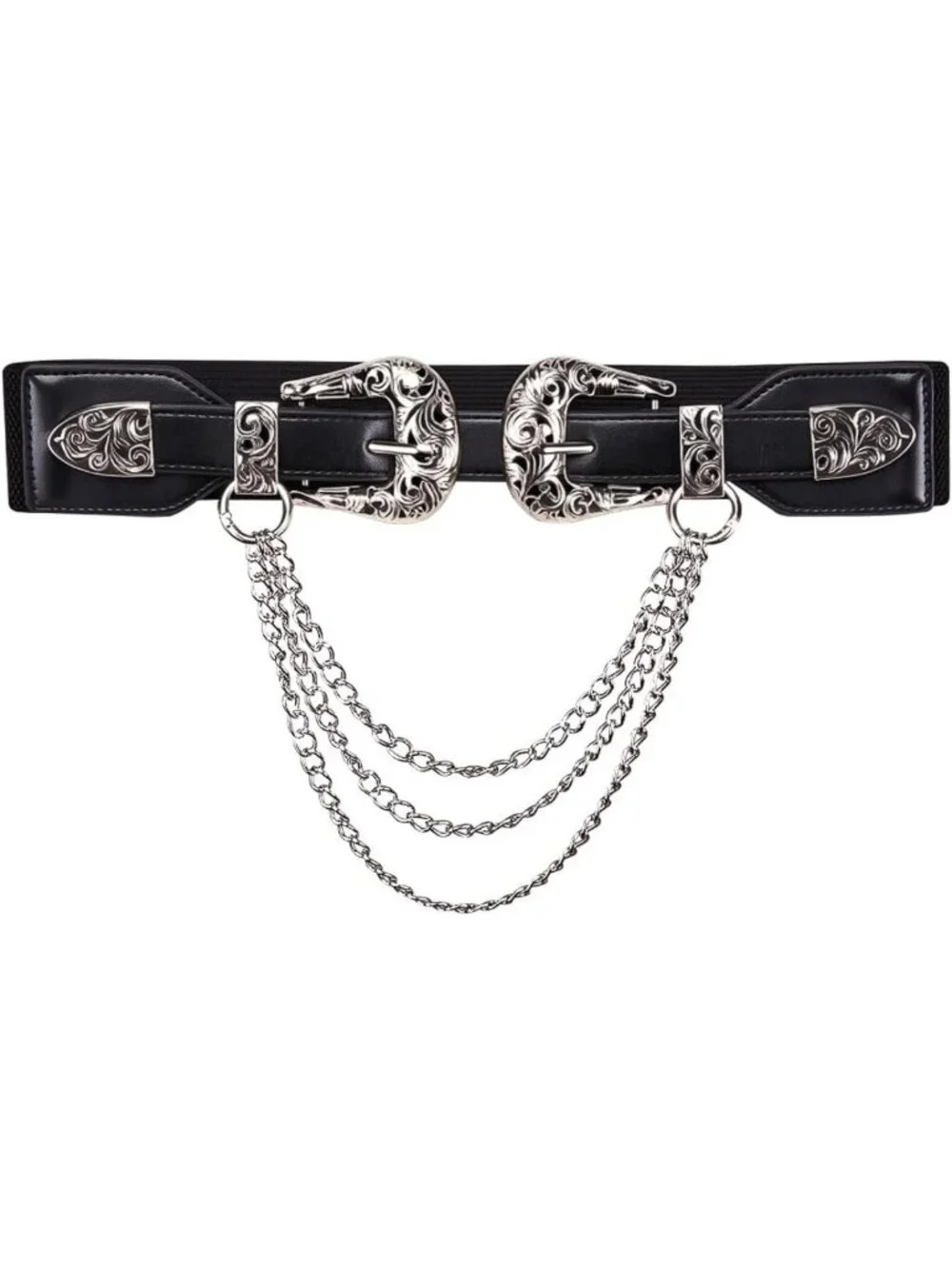 Vintage Western Leather Belt with Chain, Adjustable Double Buckle for Women’s